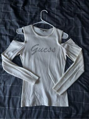 Guess White Cold-Shoulder Long Sleeve Top with Logo Rhinestones